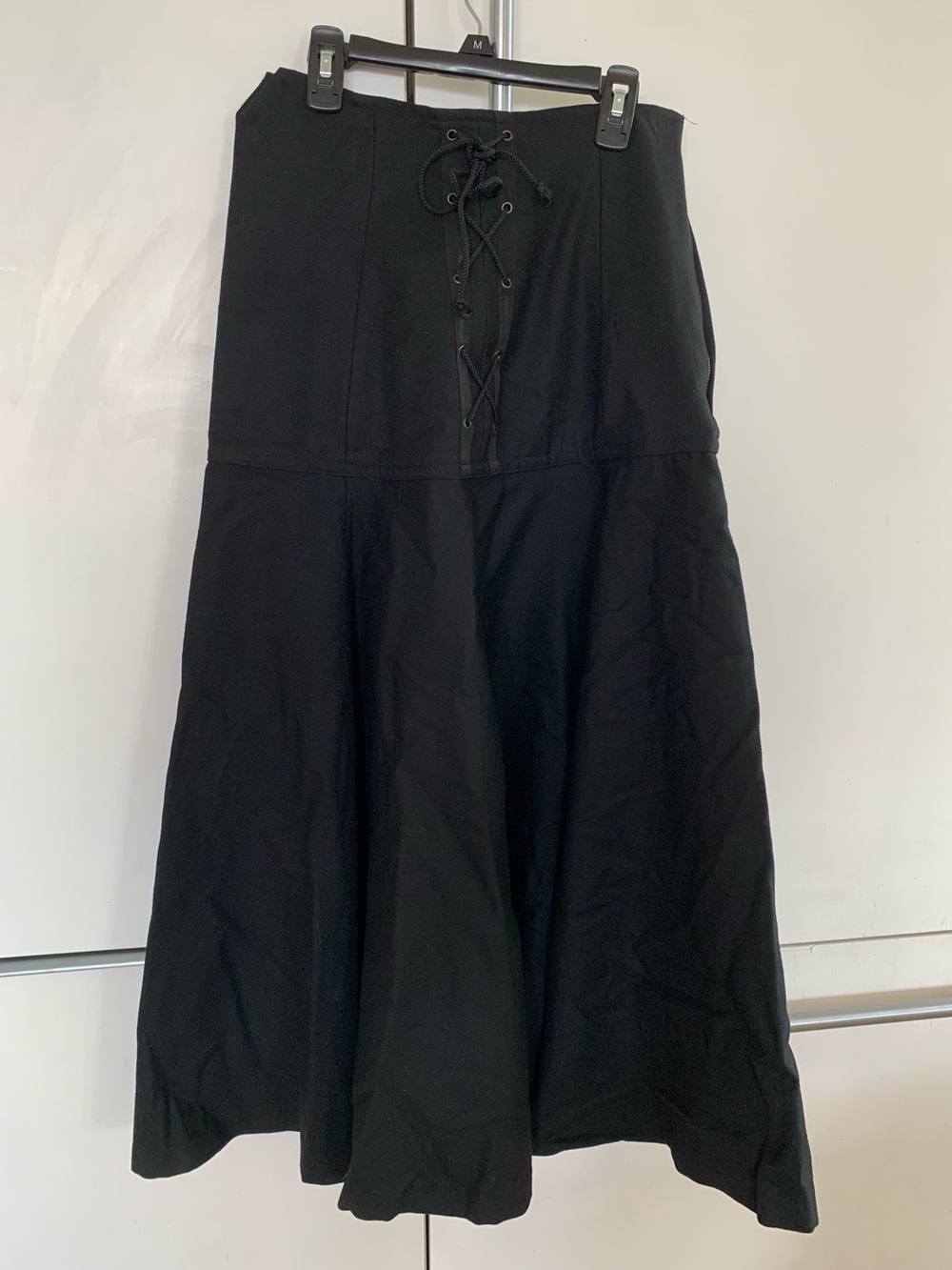Vtg 1980s Kansai Yamamoto Black Lace Up Front Midi Skirt Size M